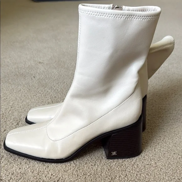 Cream Square-Toe Block Heel Ankle Boots