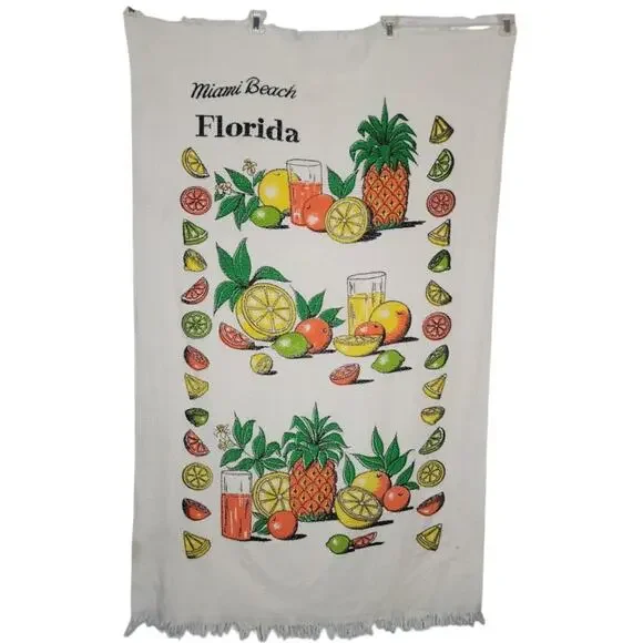 Vintage Miami Beach Florida  towel Beach Graphic Fringe CITRUS Large 32.5