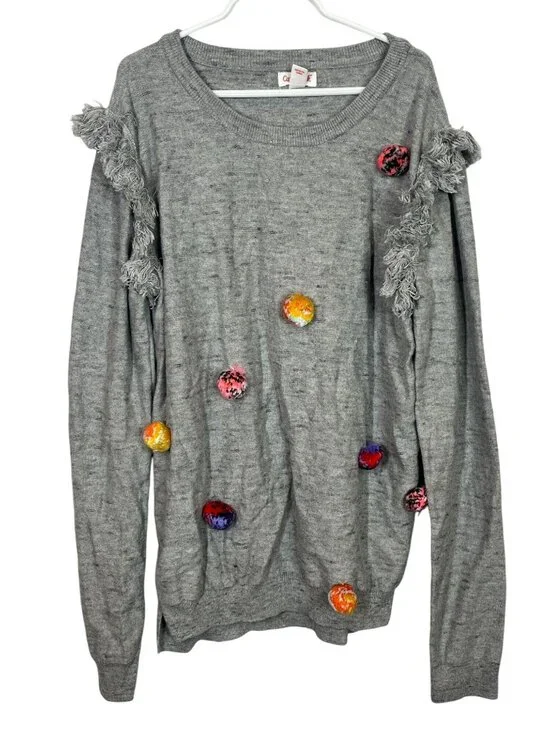 Cat & Jack Girls XL 14/16 Gray Fringe Pom Pom Sweater Knit Pullover