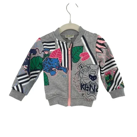 Kenzo Paris Kids Zip-Up‎ Jacket Sweatshirt Tiger Print Embroidered Gray Size 18M