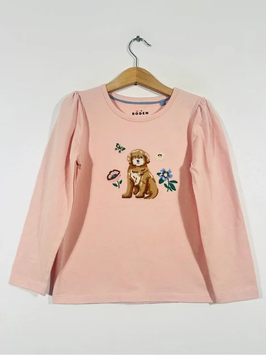 Mini Boden Embroidered Cross Stitch Puppy Love Pink Tee Long Sleeve.      24