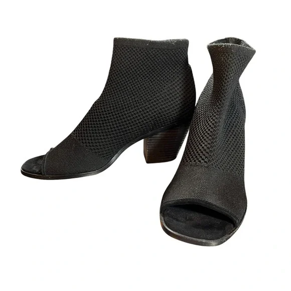 Eileen Fisher Boots Black Open Toe Stretch Knit Chunky Heel‎ Sock Boot Size 9.5