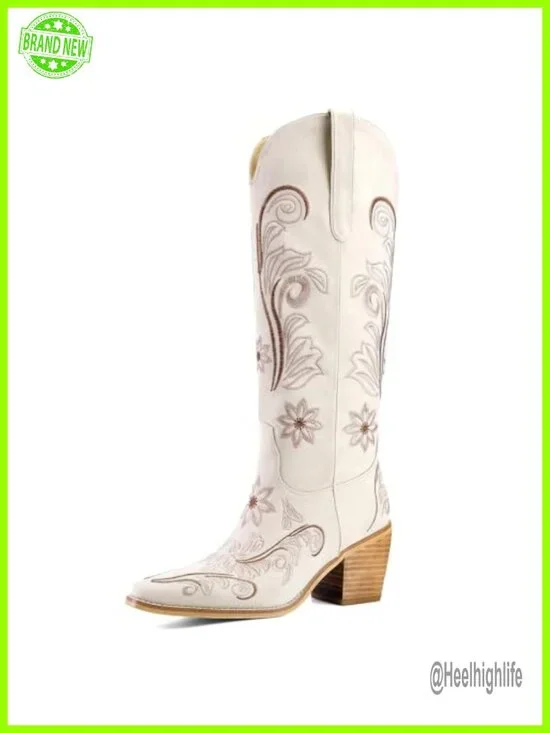 White Cowboy Boots Knee High, Floral Embroidered Western Boots with Pointed Toe