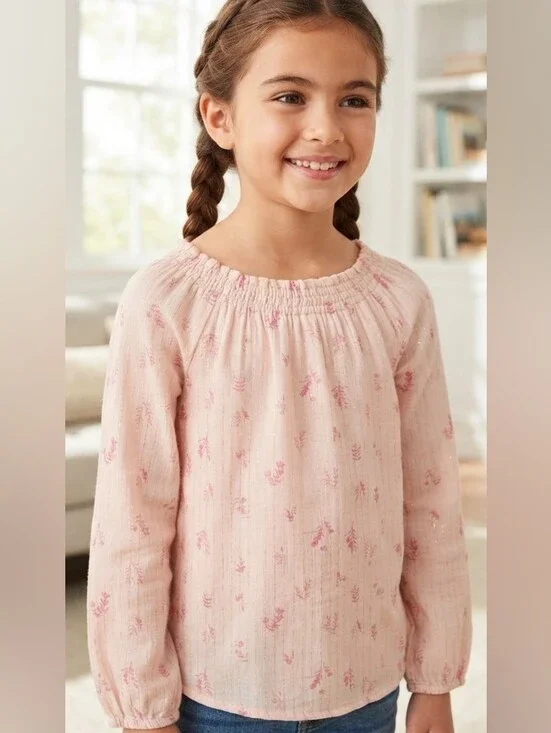 Cat & Jack Girls Blush Pink Peasant Top – Floral Gold Shimmer – Size 7-8