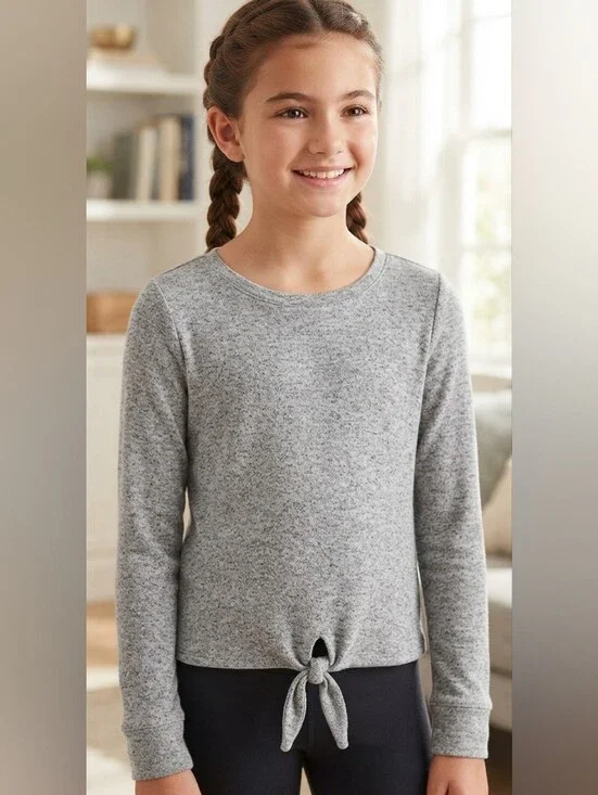Yogalicious Girls Long Sleeve Tie-Front Top – Heather Gray – Size Large