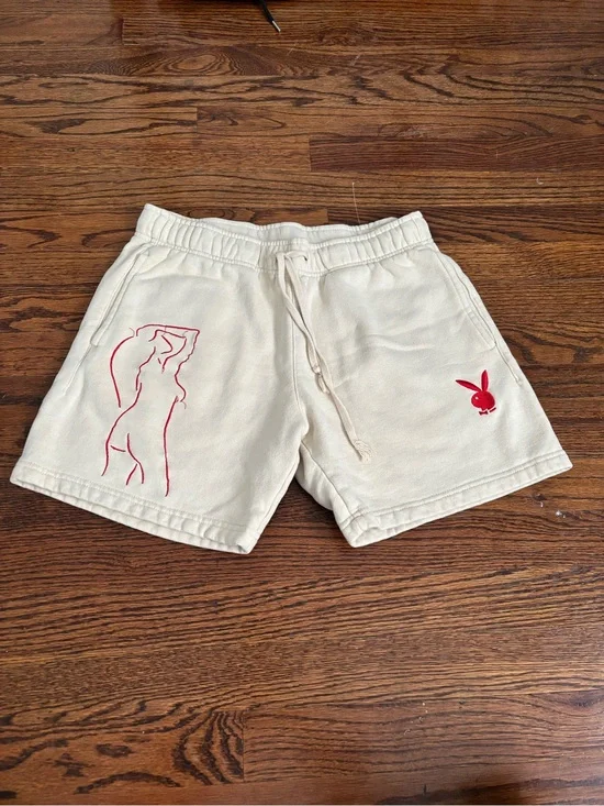 Playboy Men’s Cream Lounge Shorts with Red Bunny and Silhouette Size Small