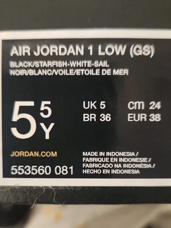 Jordan Air Jordan 1 Low Black Starfish White Sail 553558-081 GS 5.5Y Womens 7