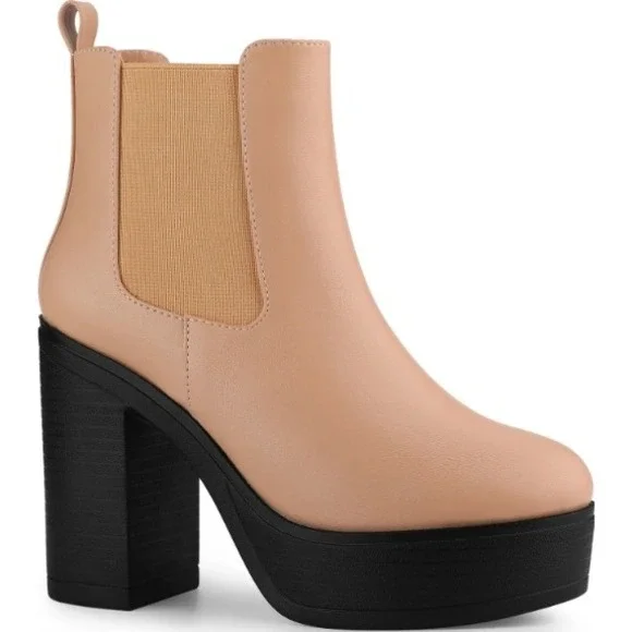 Platform Chelsea Boots Block Heel Ankle Booties Pull On Size 8.5 Tan/Black‎ New
