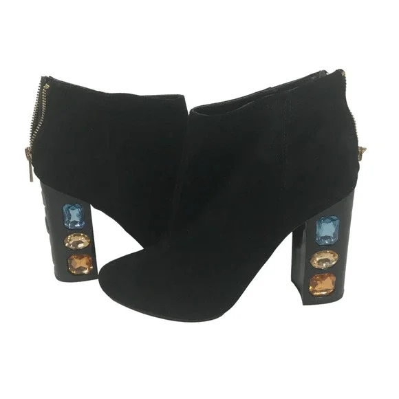 Shoedazzle Cassey Womens Size 9 Ankle Bootie Black Faux Suede Jeweled 4.5in Heel