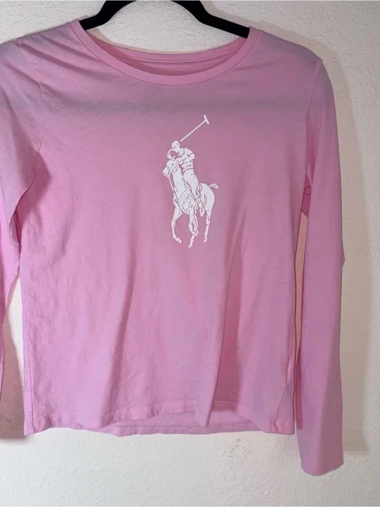 Ralph Lauren Pink Long-Sleeve Polo Logo Tee girls age 12 - 14 cotton