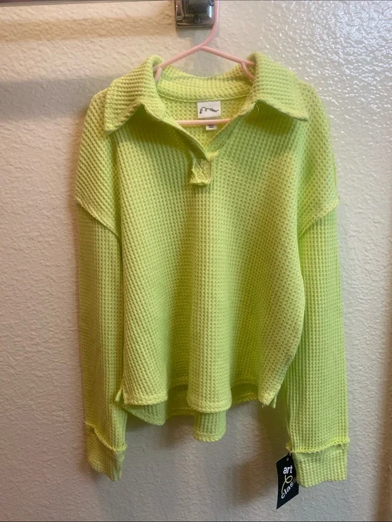 Neon Lime Waffle Knit Collared Pullover