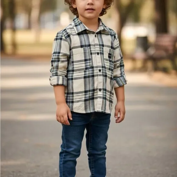 Mayoral Plaid Kids Shirt - Blue and Cream