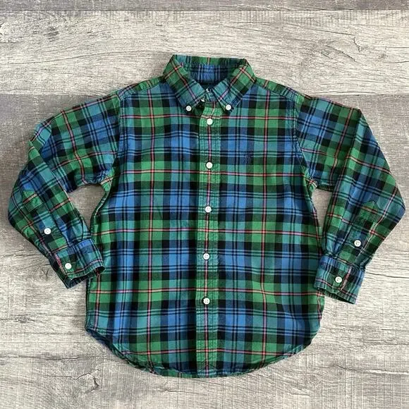 Ralph Lauren Plaid Button Up Dress Shirt Boys 5 Green Blue Cotton Long Sleeve