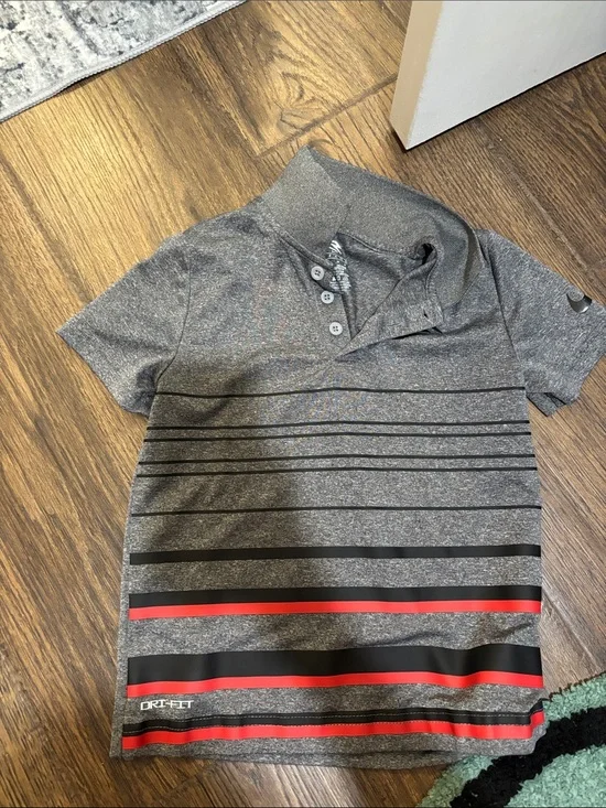 Nike Gray Short-Sleeve Polo with Black and Red Stripes