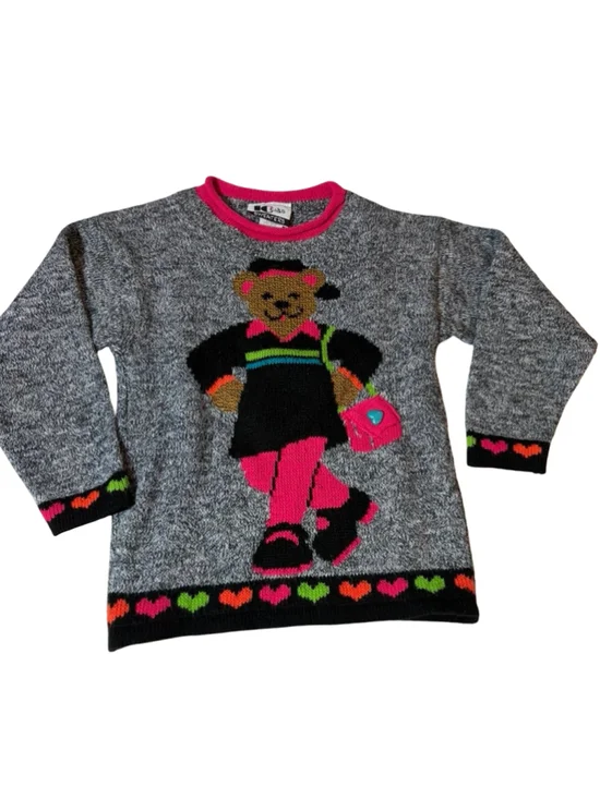Vintage iO Kids Girls 5/6 Teddy Bear Novelty Knit Sweater Neon Pink Hearts
