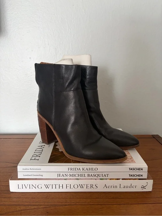 Franco Sarto Black Leather Pointed Ankle Booties with Wood Block Heel