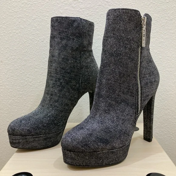 Guess Dejah Charcoal Glitter Platform Booties Side Zip High Heel Size 6