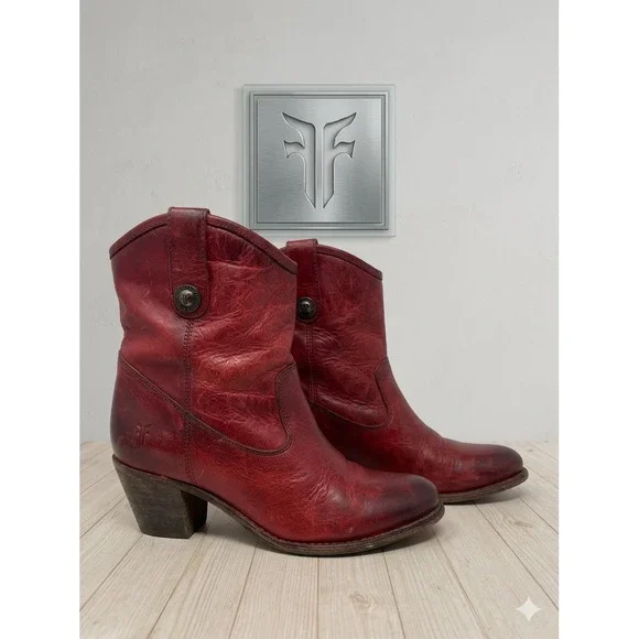 Frye Button ❤️Short‎ Red Leather Boots Boho Whimsigoth Coastal Cowgirl  festival