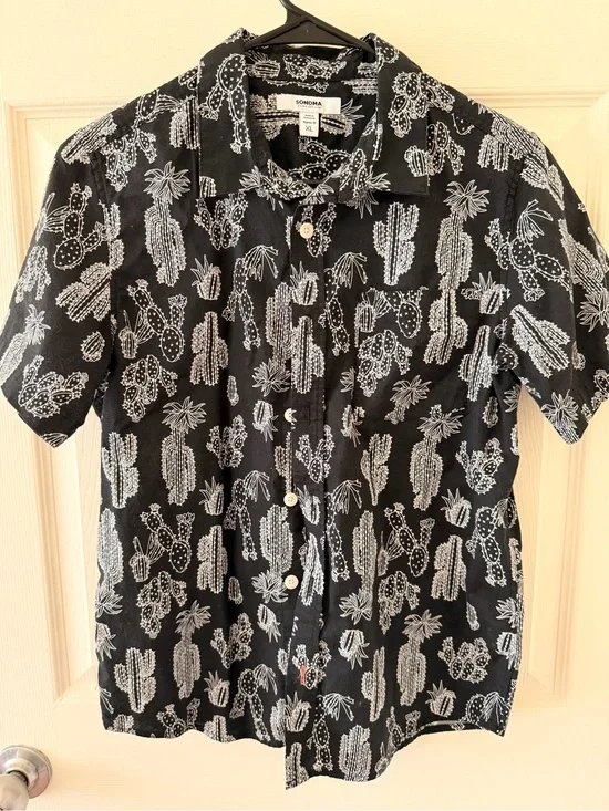 Boys Sonoma Black Short-Sleeve Button-Up Shirt with White Cactus Print