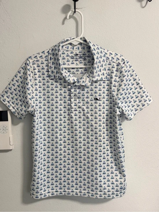 Vineyard Vines White Polo with Blue Sailboat Print