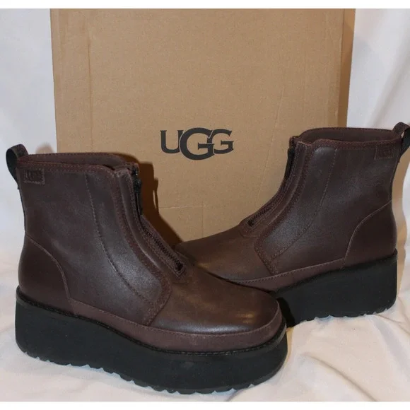 UGG CITYFUNC ZIP BURNT‎ CEDAR LEATHER WATERPROOF ZIP WOMEN'S BOOTS BROWN