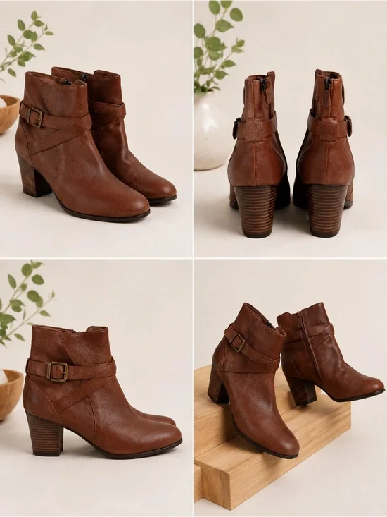 Cole Haan Brown Leather Ankle Booties Size 11B Block Heel Buckle Strap side zip