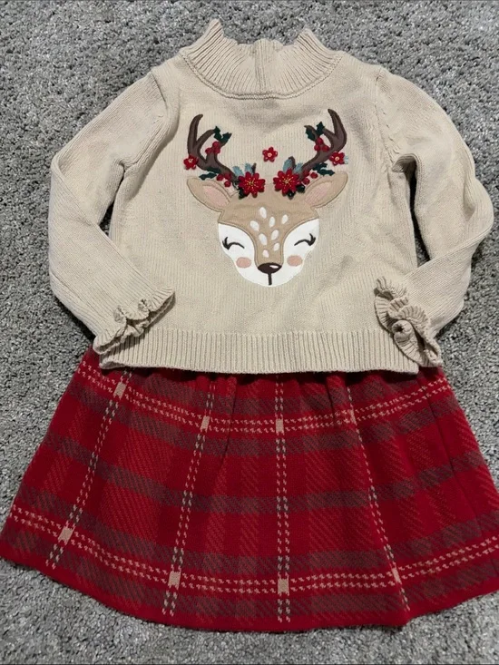 Cynthia Rowley Cream Deer Sweater with Red Plaid Skirt