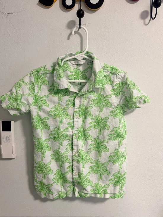 Janie and Jack White Short-Sleeve Button-Down with Green Palm Print