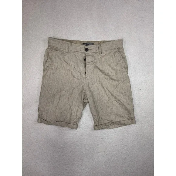 Denim Co Mens Tan Striped Straight Fit Shorts Size W32 Button Fly Casual Summer