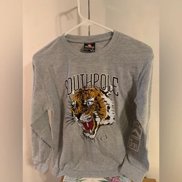 South Pole Tiger Graphic Print Thermal Waffle Knit Pullover Gray Size Med 8-10
