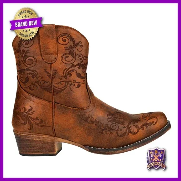 Western Chic Ankle Boots Faux Leather Floral Embroidery Casual Low Heel Pull On