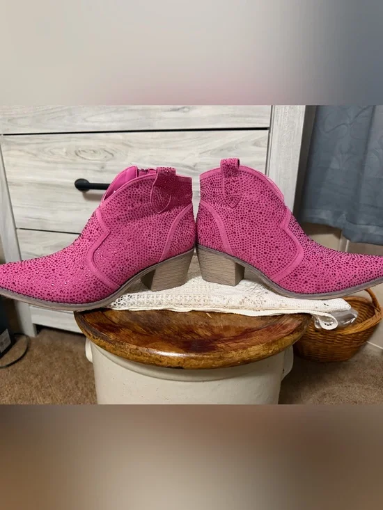 Pink Rhinestone Western Ankle Boots for Women