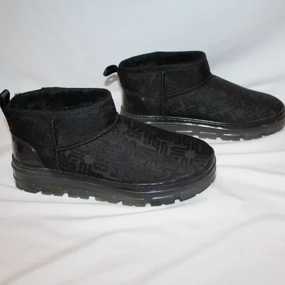 NEW‎ UGG WOMEN'S ULTRA MINI ALL OVER LOGO PLATFORM ANKLE BOOTS BLACK