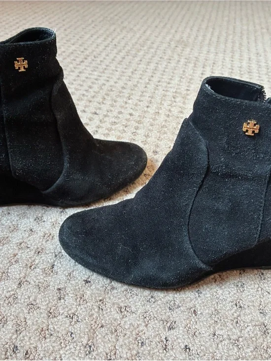 Tory Burch Black Suede Wedge Ankle Booties with Gold Logo