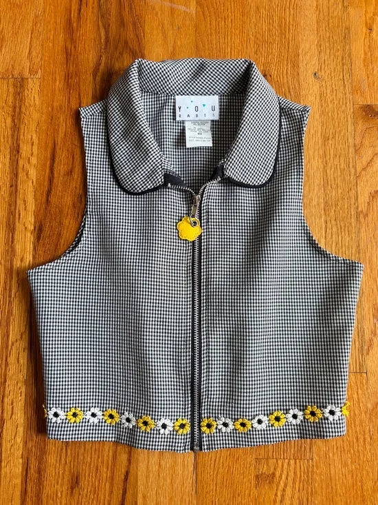VTG Y2K You Babes Girls Top Size 6X Sleeveless Full Zip Check Sunflower Black
