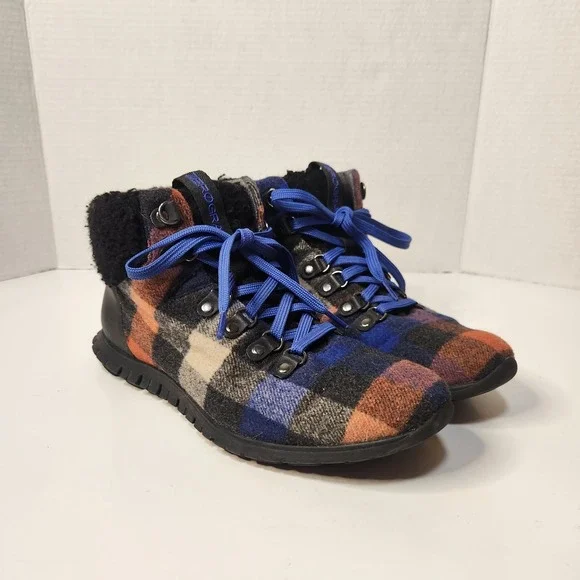 Cole Haan Womens ZEROGRAND Hiker Boot Blue Plaid Womens Size 8B‎