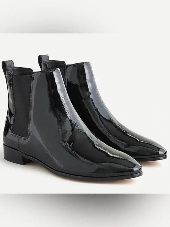 J Crew Patent Leather Booties NWOT Chelsea Pull-On Black Crinkled 7.5