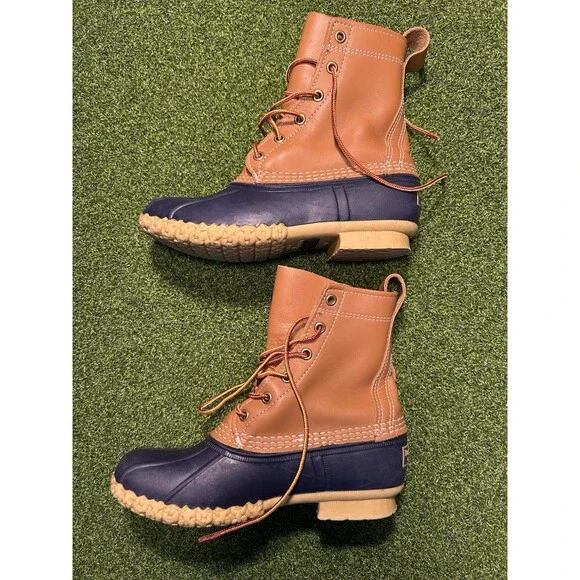 L.L. Bean Duck Boots Womens Size 6 M Tan Navy Blue  8” Leather Rubber USA Preppy