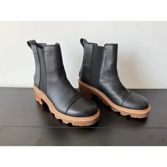 Sorel Joan Now Chelsea Boots Womens 11 Black Leather Lug Sole Block Heel