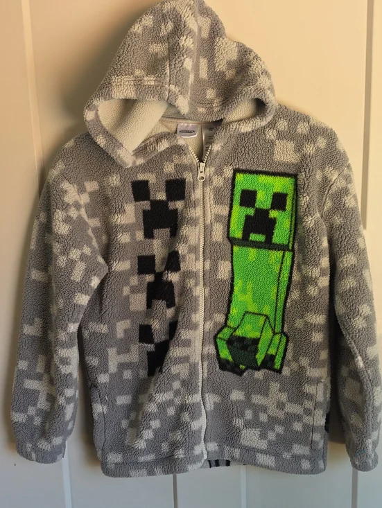 Kids Minecraft Creeper Hooded Zip Jacket - Gray & Green