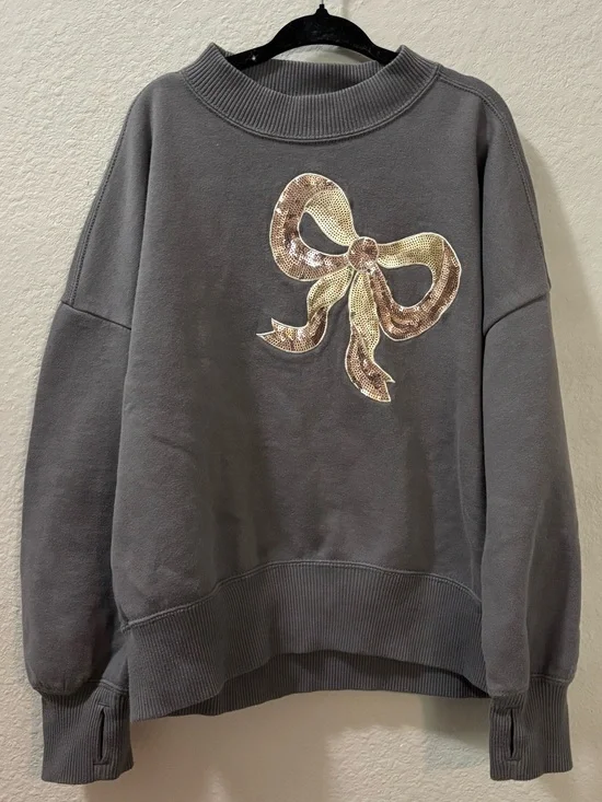 Abercrombie Kids Gray Sequin Bow Cozy Pullover Sweatshirt Size 7/8