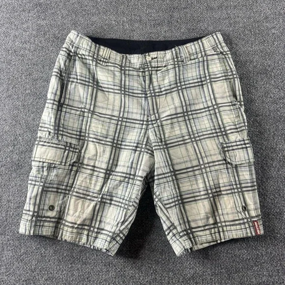 Tommy Bahama Relax Cargo Shorts Mens 32 Beige Plaid Lined 11 Inseam Pockets