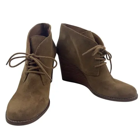 Lucky Brand Yamene Camel Suede Leather Wedge Lace Up Booties Women's Size 8.5