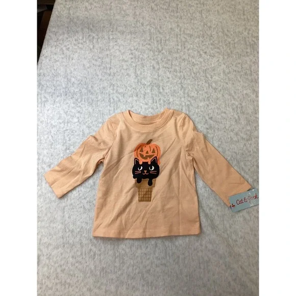 Cat & Jack Baby Girls 12M Peach Halloween Cat Pumpkin‎ Ice Cream Long Sleeve Tee