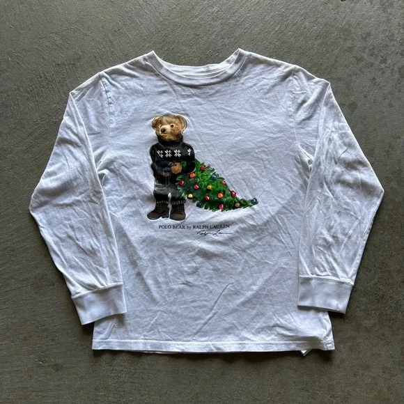 Polo Ralph Lauren‎ Polo Bear Long Sleeve Shirt YOUTH Large White Christmas Tree