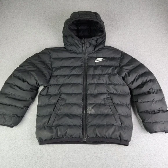 Nike Low Synthetic Fill Puffer Jacket Kids Medium Black Quilted Hooded Full Zip‎
