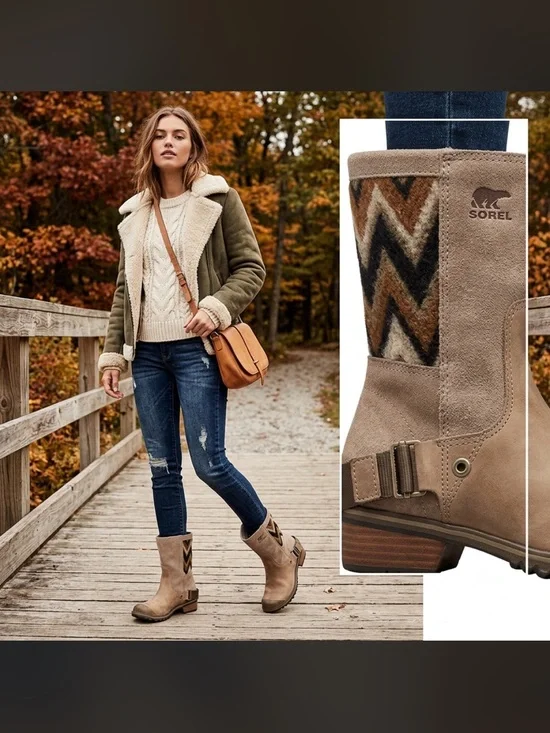 Sorel Slim Shortie Boots Womens 6.5 Beige Leather Suede Aztec Winter Mid Calf