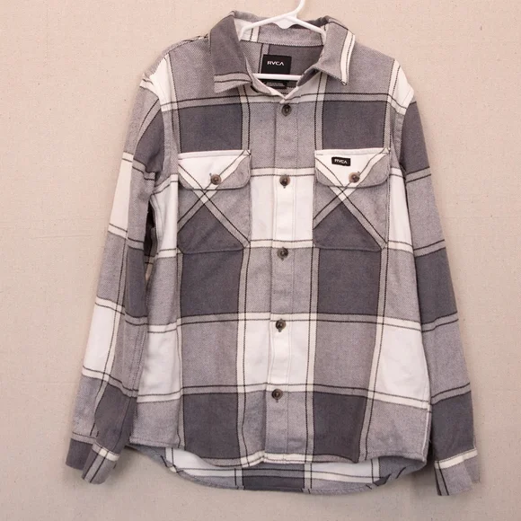 Boys RVCA flannel white and grey plaid button down shirt-S