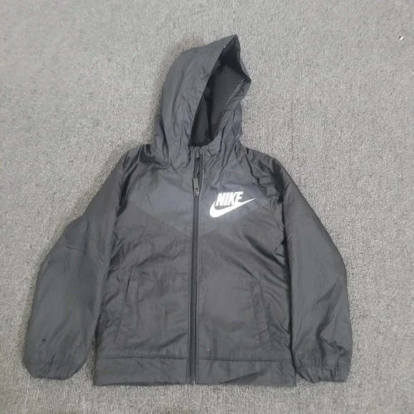 Nike Size 4 XS Windbreaker Jacket Unisex Kids Black Fleece Lined Hooded Full Zip