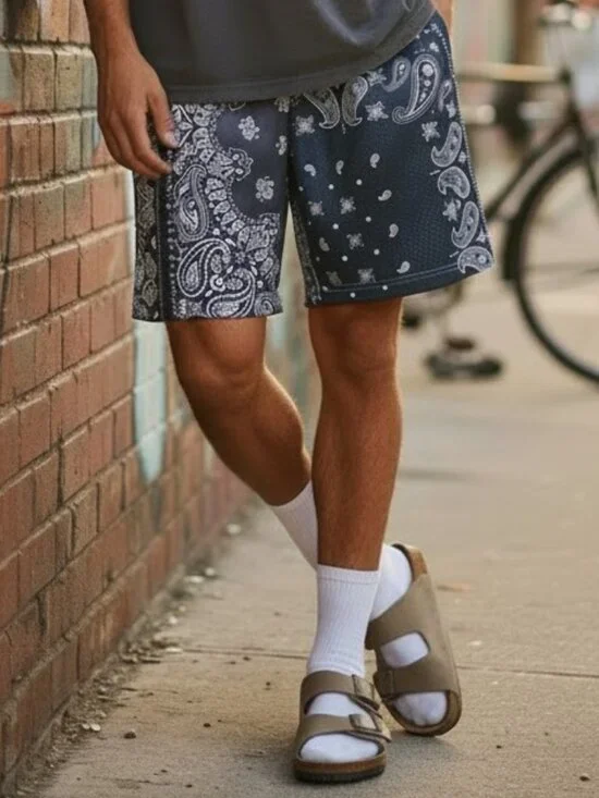 BRAVEST STUDIOS Mens Medium Mesh Shorts Paisley Patchwork Drawstring Gray White